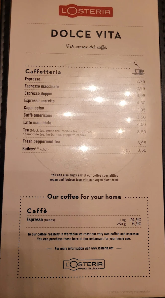 Speisekarte, L'Osteria Heidelberg Hauptstraße