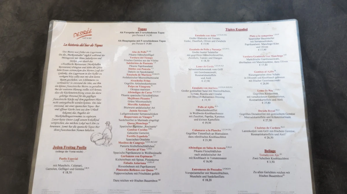 Speisekarte, Tapasbar Desirée