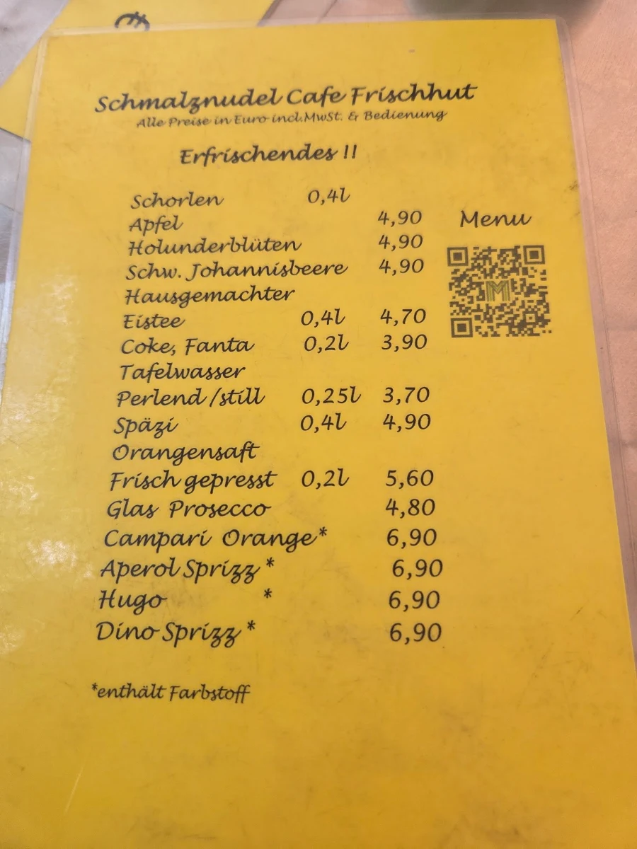 Speisekarte, Schmalznudel - Cafe Frischhut