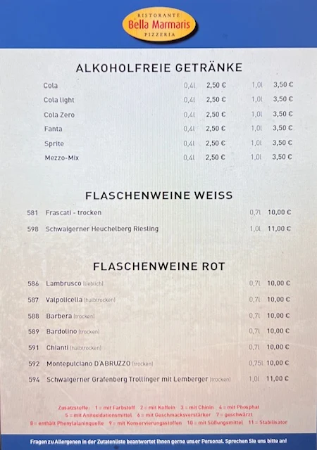 Speisekarte, Bella Marmaris Sinsheim