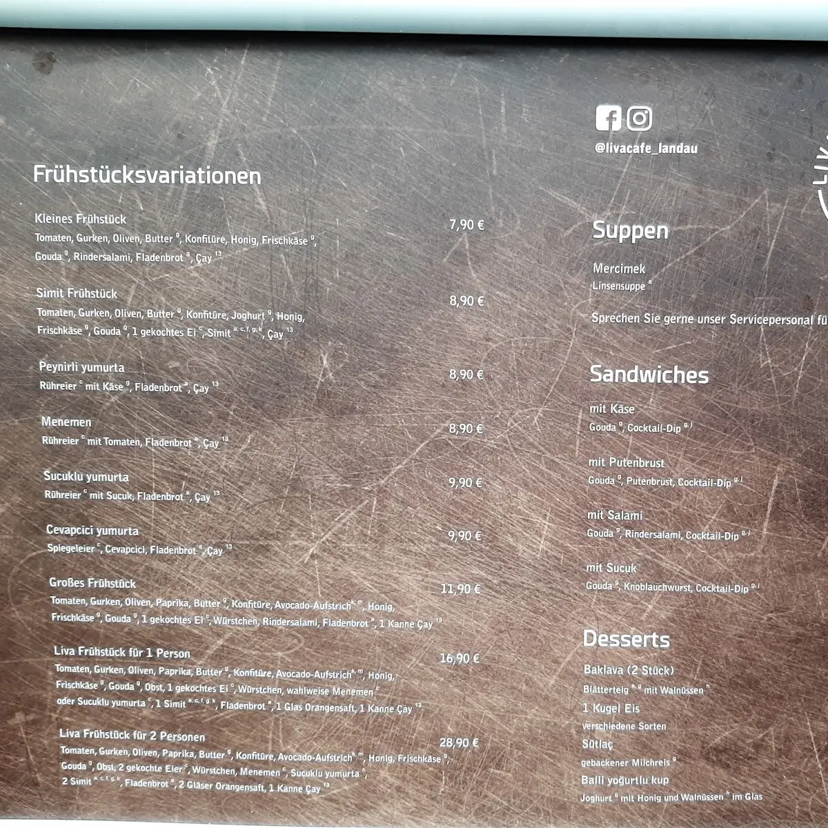 Speisekarte, Liva Cafe Landau