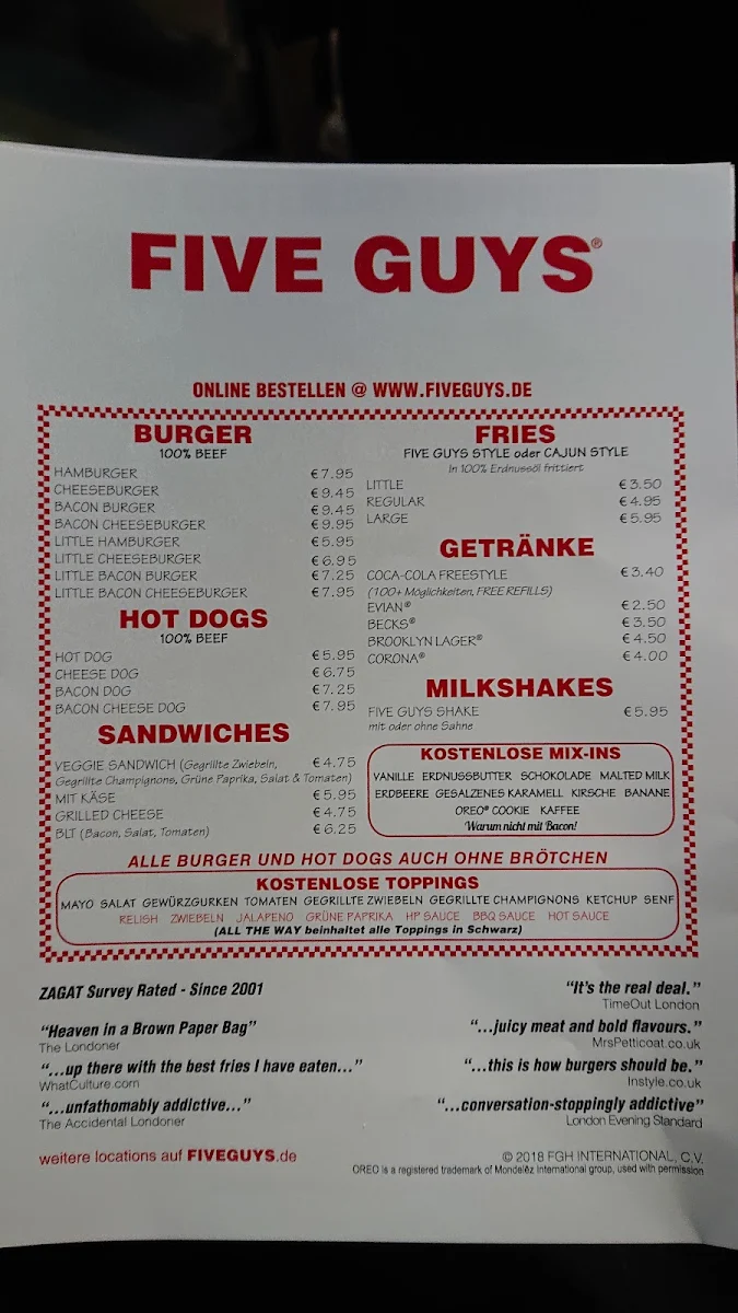 Speisekarte, Five Guys