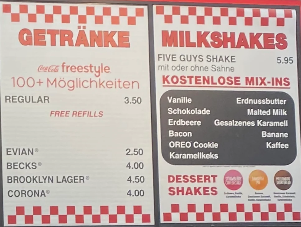 Speisekarte, Five Guys