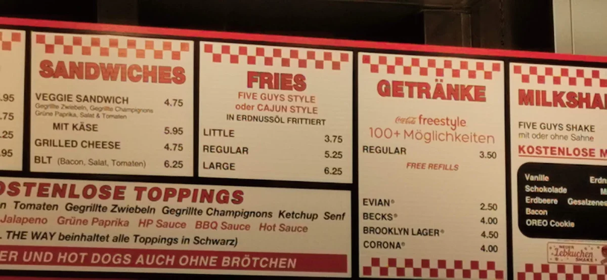 Speisekarte, Five Guys