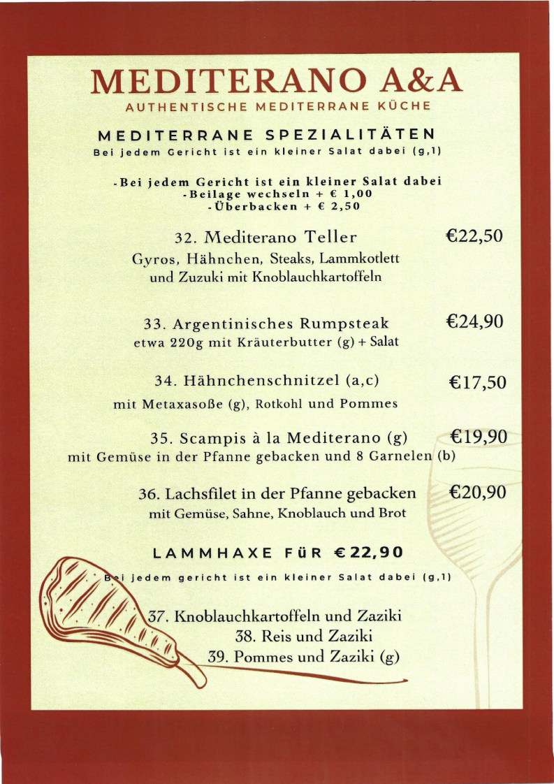 Speisekarte, Mediterano A&A