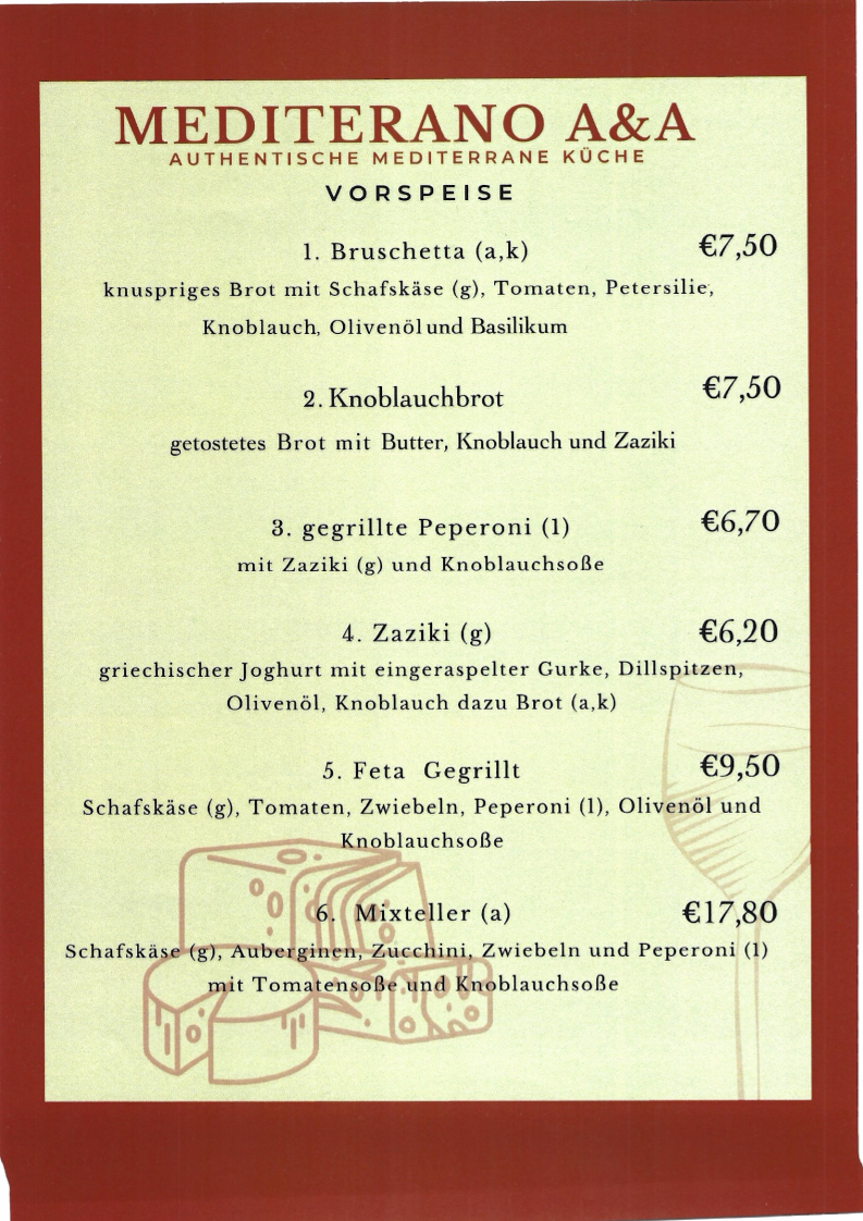 Speisekarte, Mediterano A&A