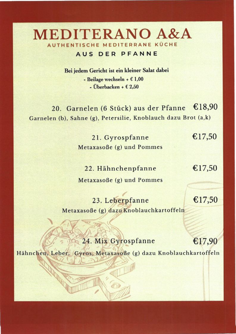 Speisekarte, Mediterano A&A