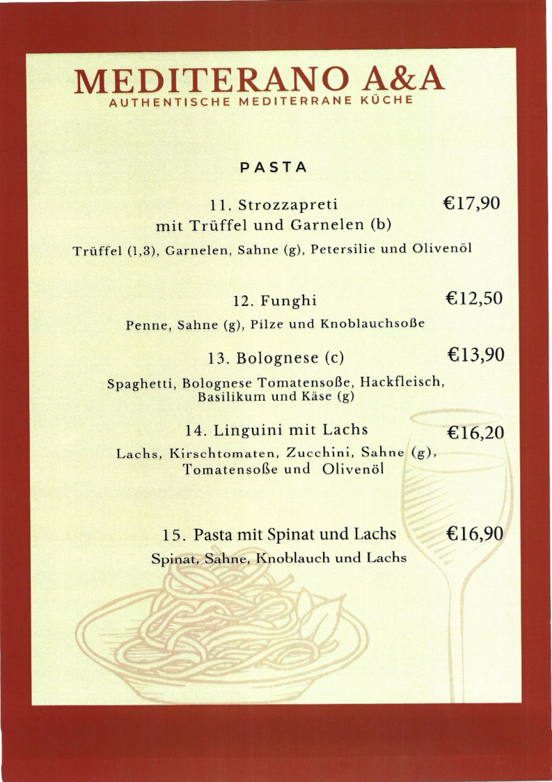 Speisekarte, Mediterano A&A