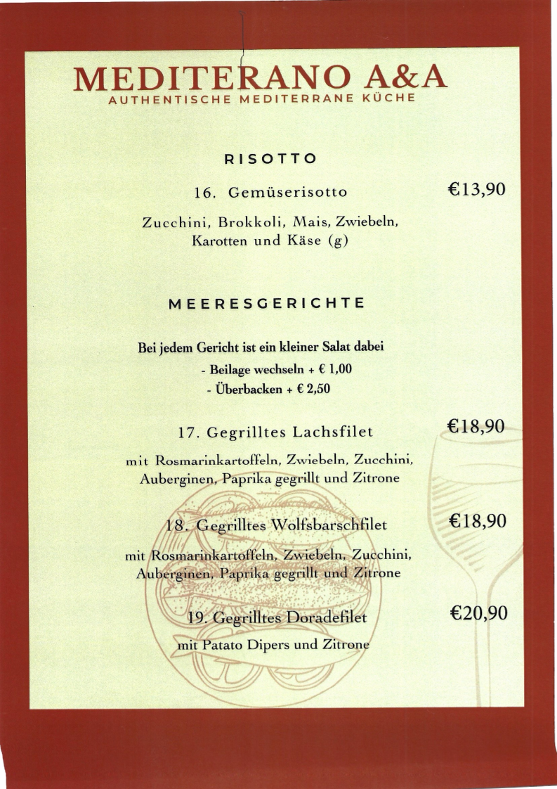 Speisekarte, Mediterano A&A
