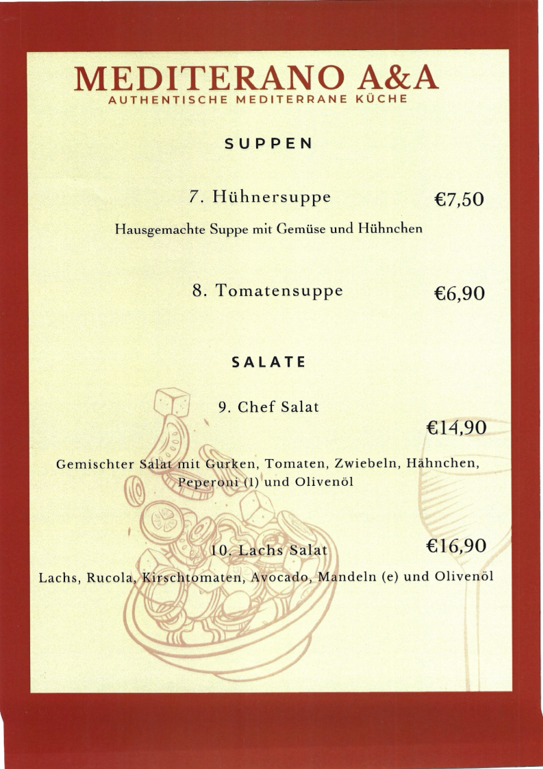 Speisekarte, Mediterano A&A