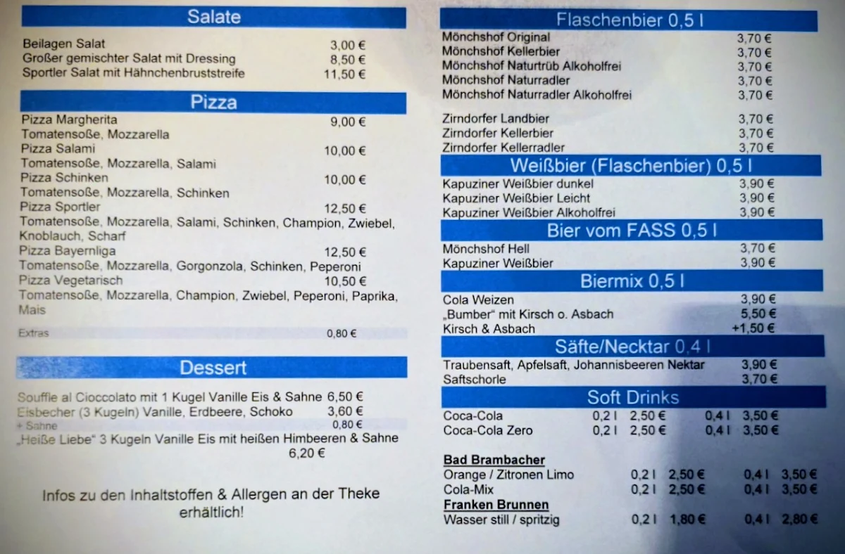 Speisekarte, ESV-Rangierbahnhof Sportgaststätte