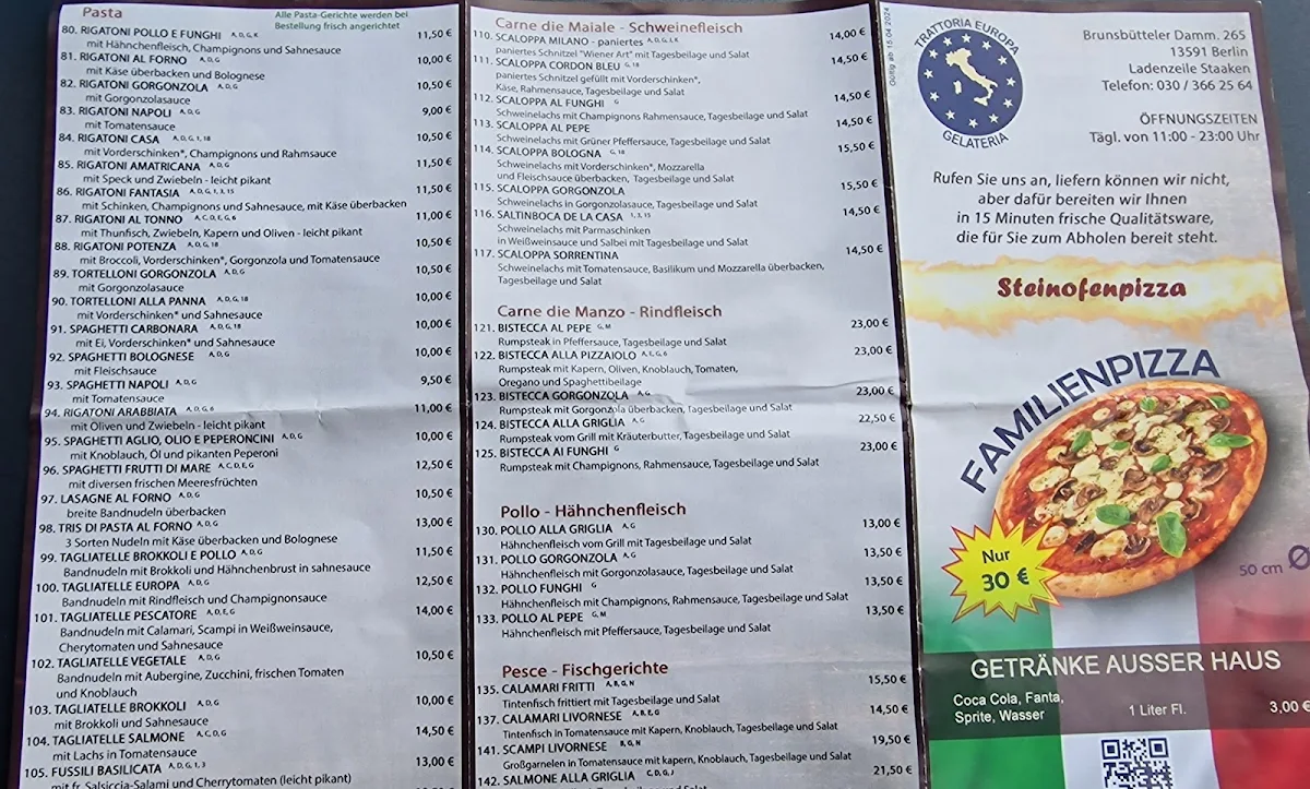 Speisekarte, Trattoria Europa