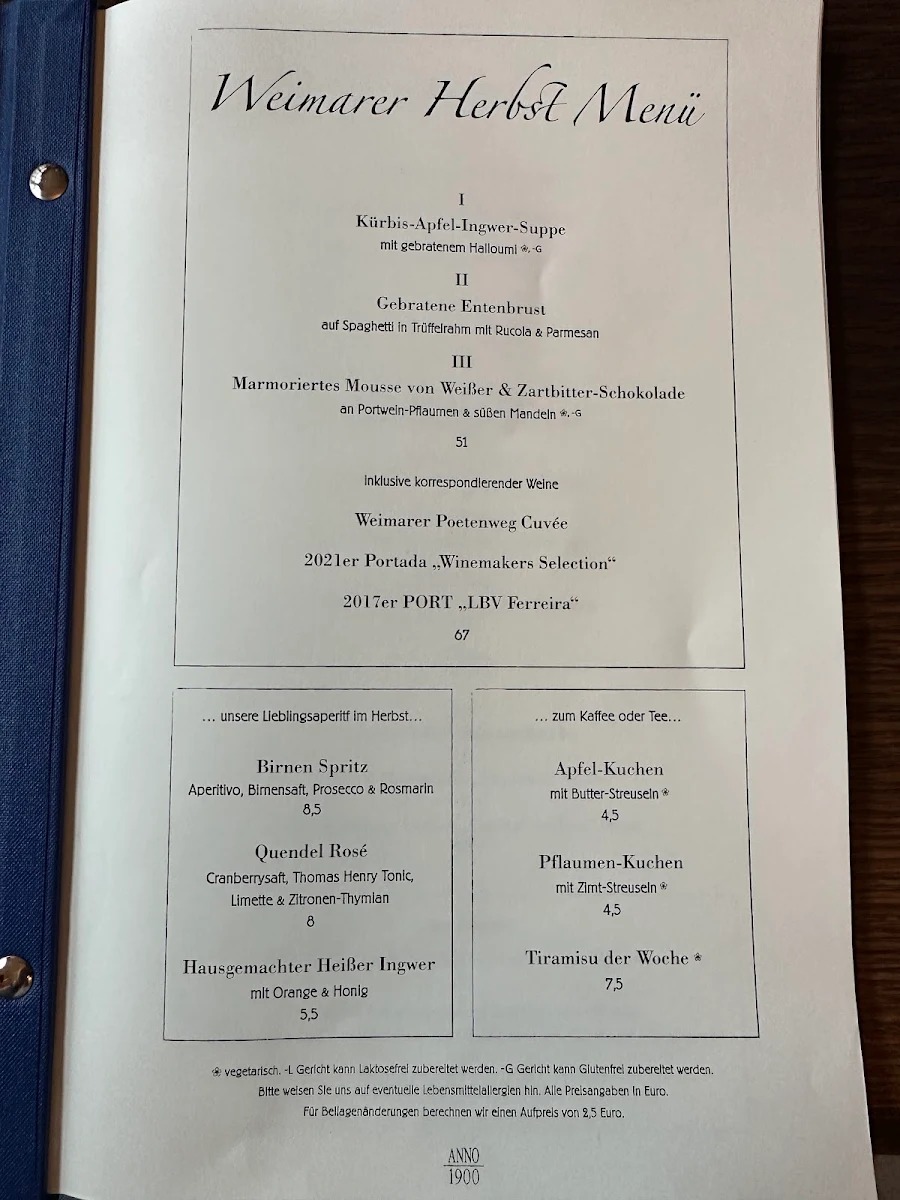 Speisekarte, Café-Restaurant ANNO 1900
