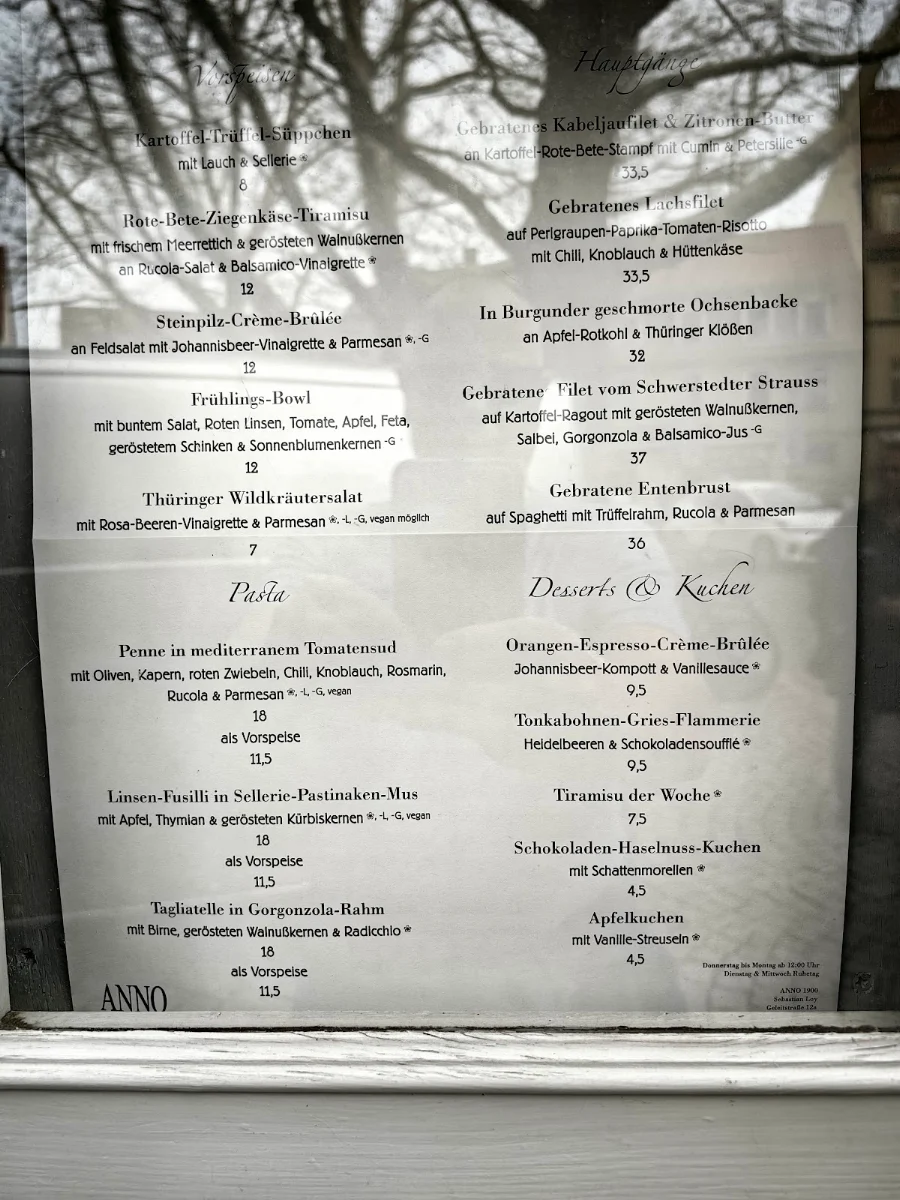 Speisekarte, Café-Restaurant ANNO 1900