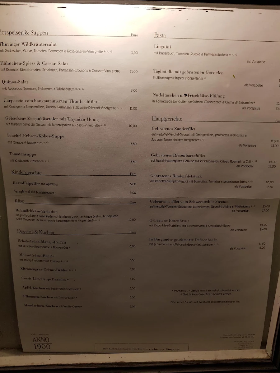 Speisekarte, Café-Restaurant ANNO 1900