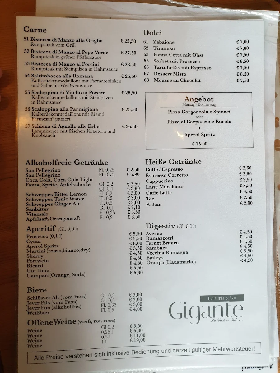 Speisekarte, Trattoria & Bar Gigante