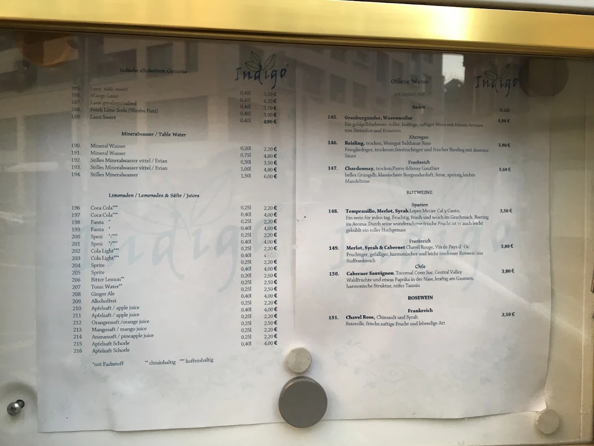 Speisekarte, Indigo Indisches Restaurant