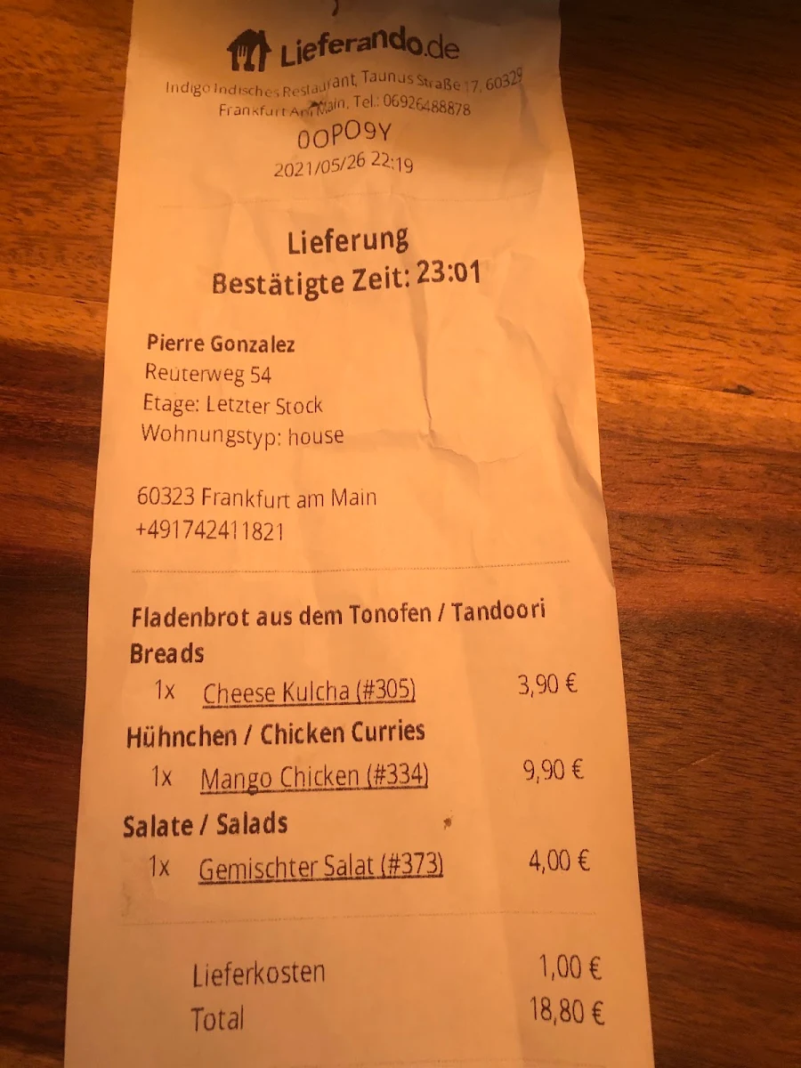 Speisekarte, Indigo Indisches Restaurant