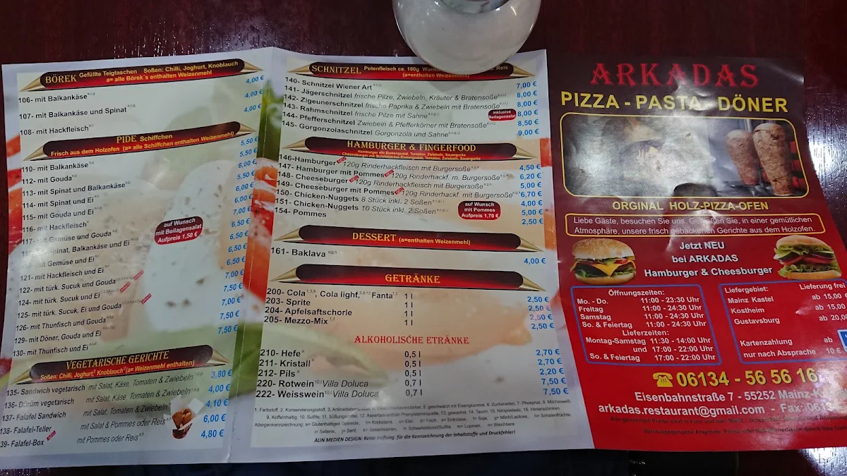 Speisekarte, Arkadas Pizza Pasta Döner