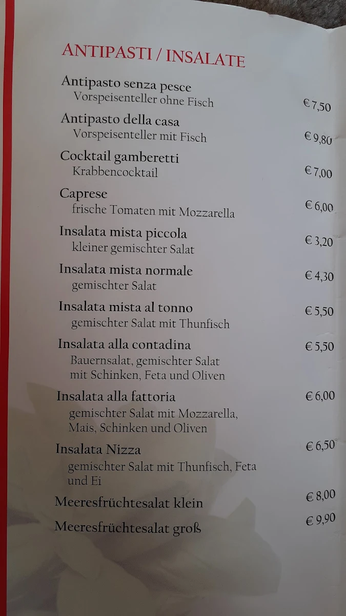 Speisekarte, Pizzabäckerei „Da Pietro“