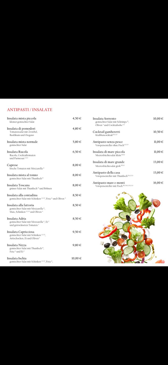 Speisekarte, Pizzabäckerei „Da Pietro“