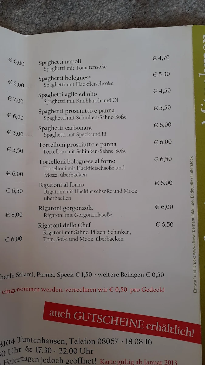 Speisekarte, Pizzabäckerei „Da Pietro“