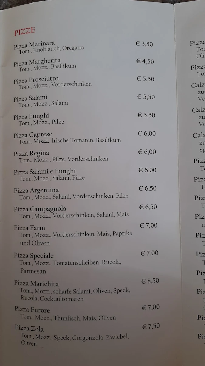 Speisekarte, Pizzabäckerei „Da Pietro“