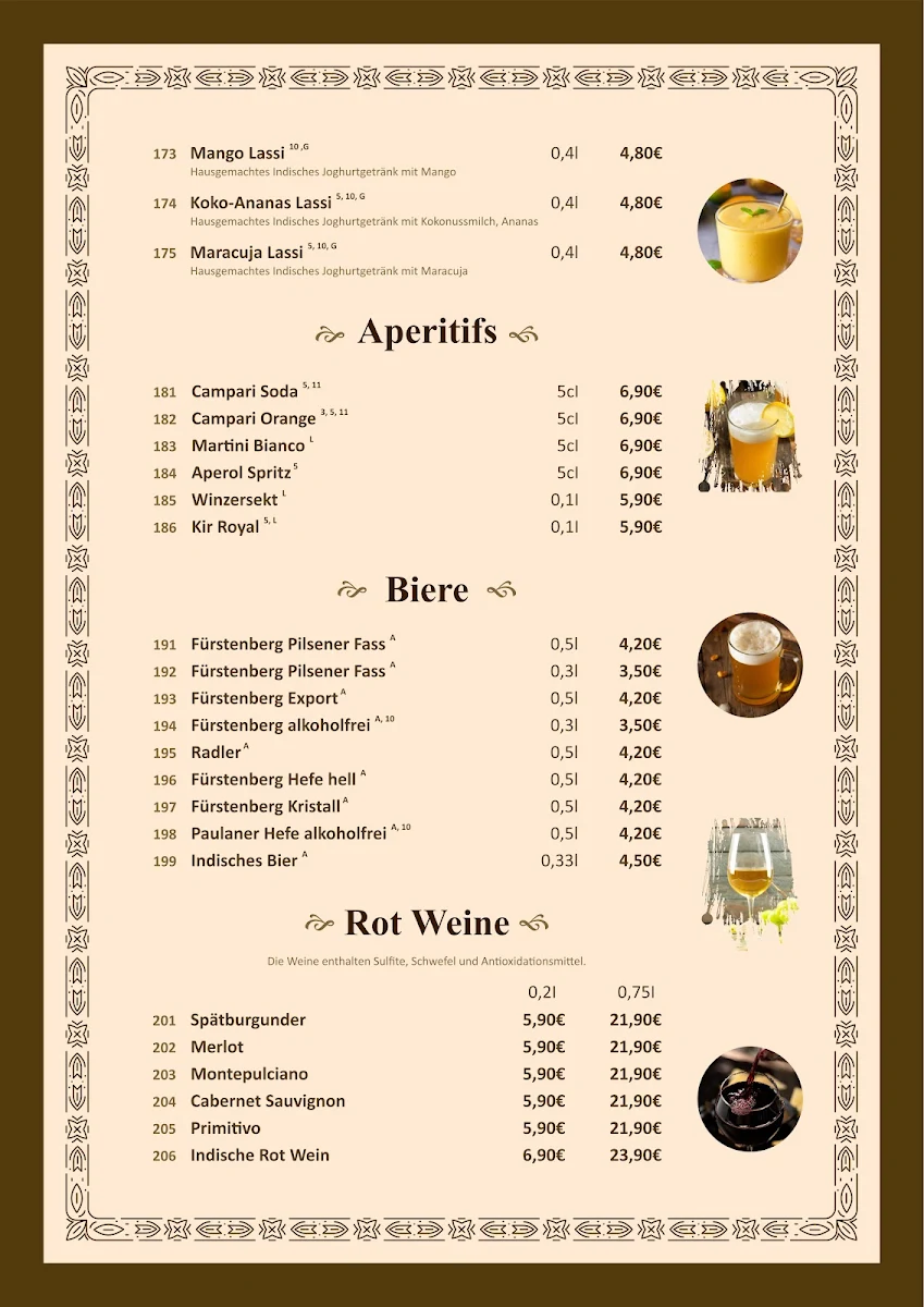 Speisekarte, AROMA Indisches Restaurant