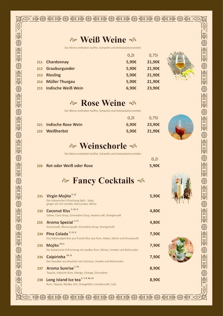 Speisekarte, AROMA Indisches Restaurant