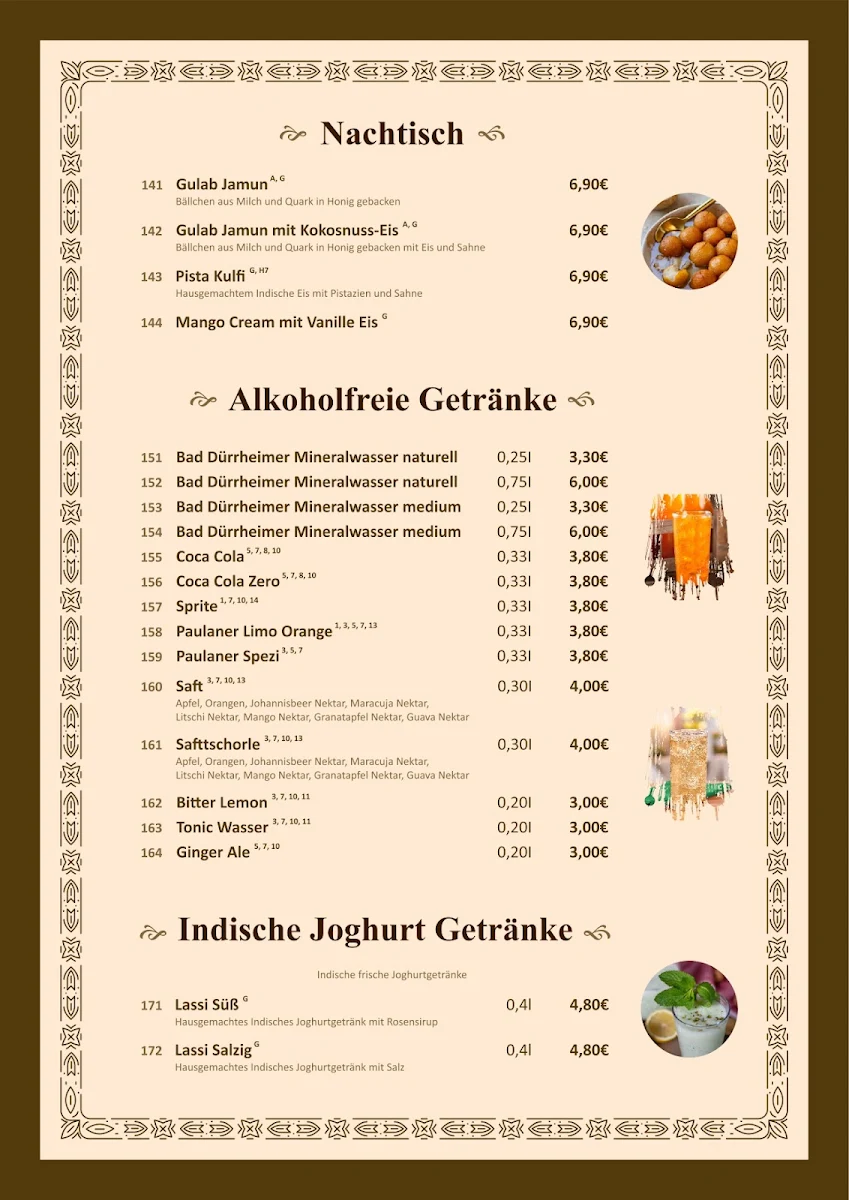 Speisekarte, AROMA Indisches Restaurant
