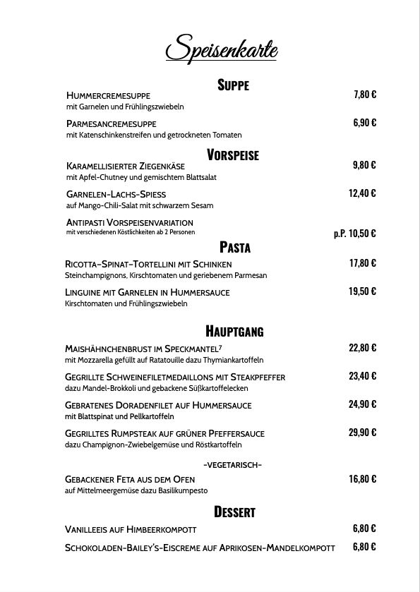 Speisekarte, Christians Esszimmer