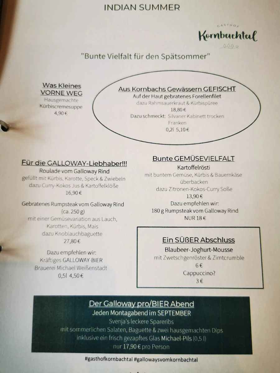 Speisekarte, Gasthof Kornbachtal - Familie Loos