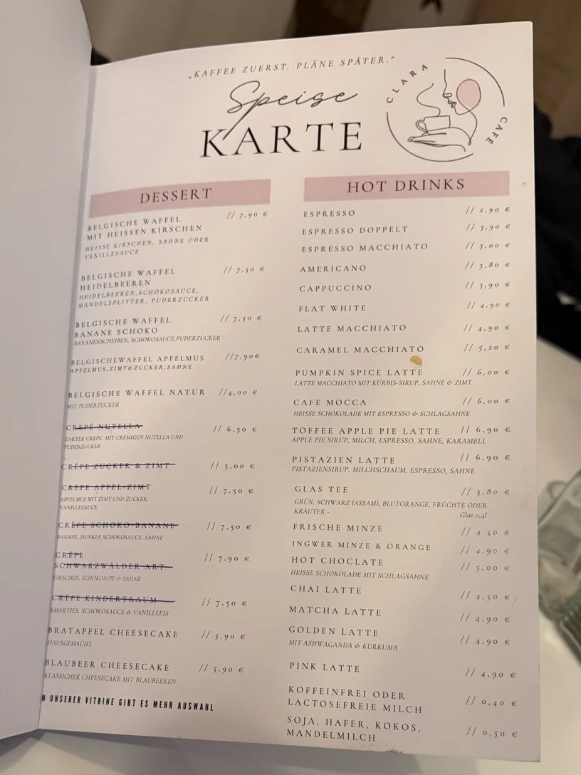 Speisekarte, Café Clara