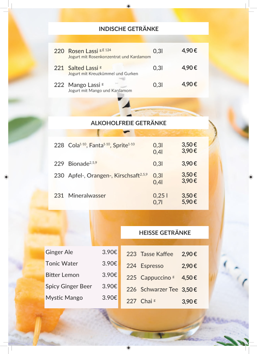 Speisekarte, Tandoor Indisches Restaurant