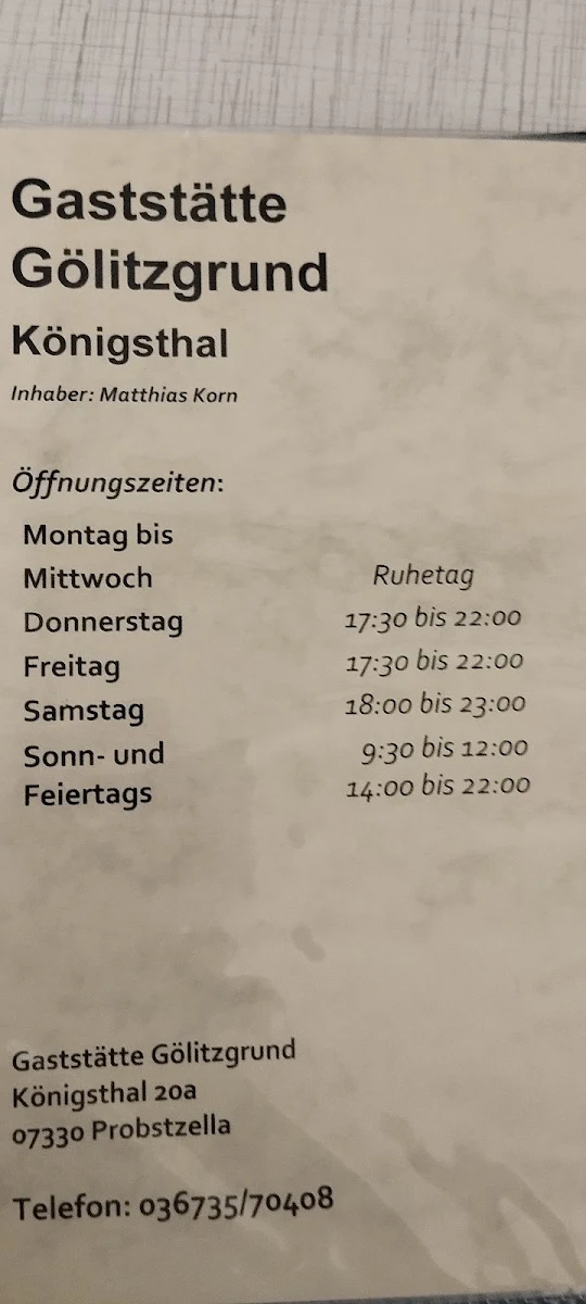 Speisekarte, Gaststätte "Gölitzgrund" Matthias Korn