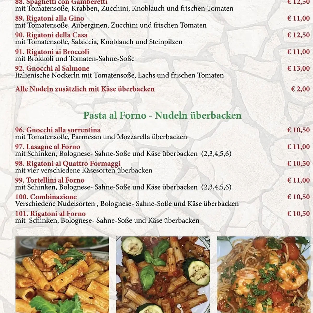 Speisekarte, Da Gino Pizza & Pasta