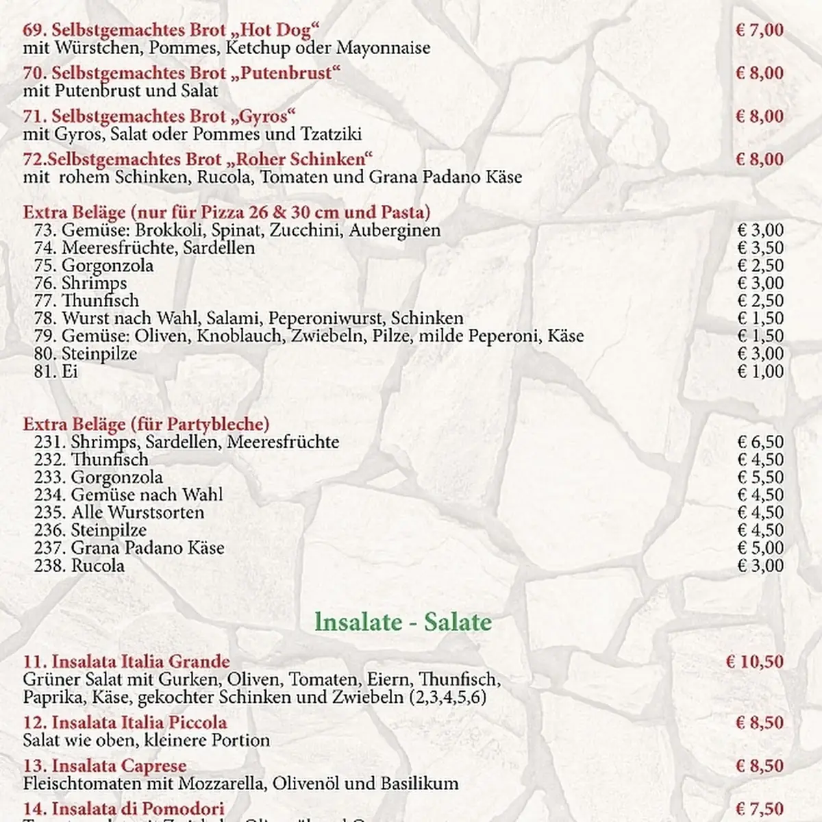 Speisekarte, Da Gino Pizza & Pasta