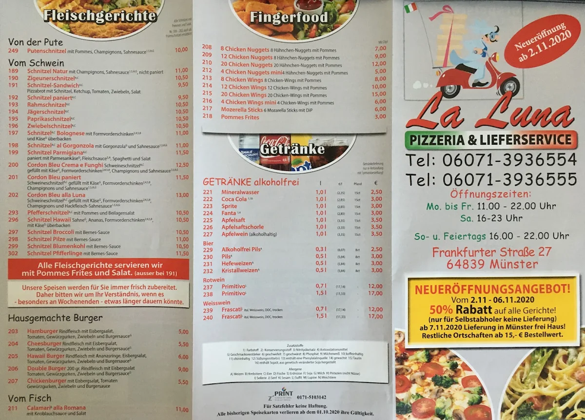 Speisekarte, Pizzeria La Luna