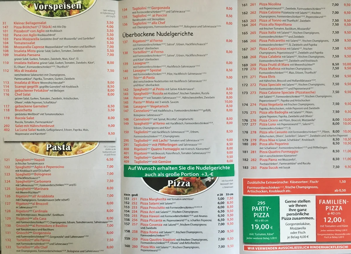 Speisekarte, Pizzeria La Luna