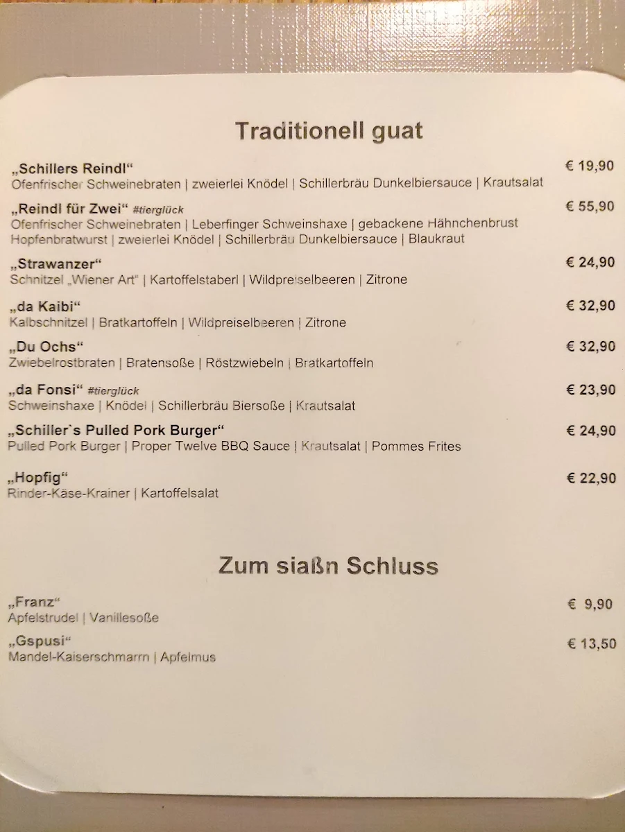 Speisekarte, Schiller Bräu