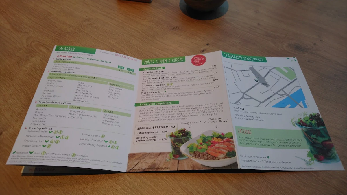 Speisekarte, dean&david | Bowls, Salate, Curries & Snacks in Schweinfurt