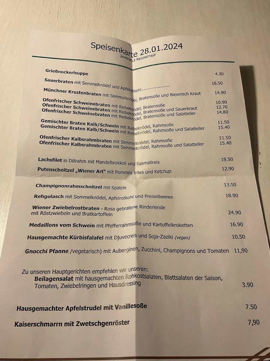 Speisekarte, Jahnhalle Regenstauf