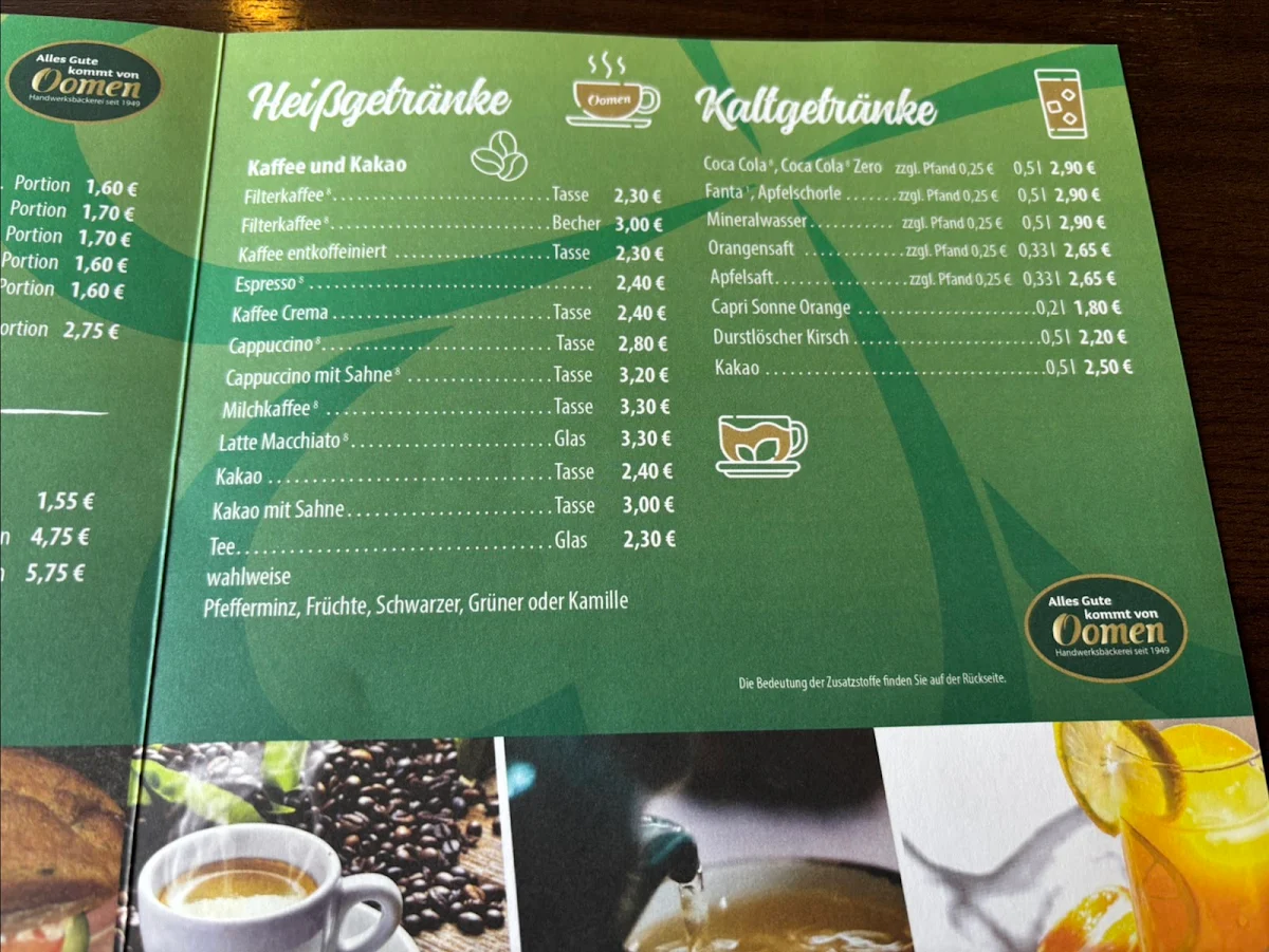 Speisekarte, Landbäckerei Oomen - Grefrath