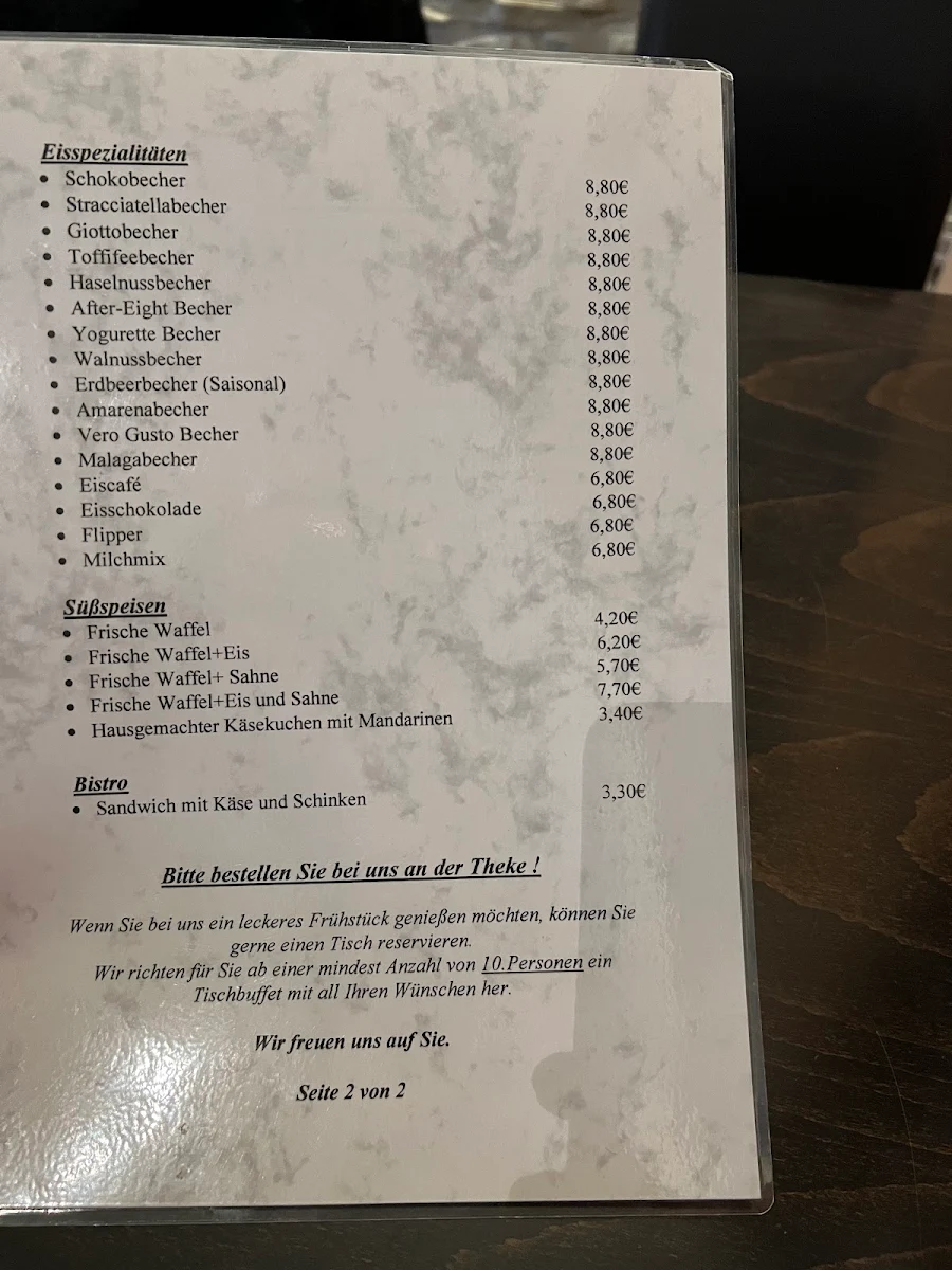 Speisekarte, Vero Gusto (Eis.Kaffee.Bistro)