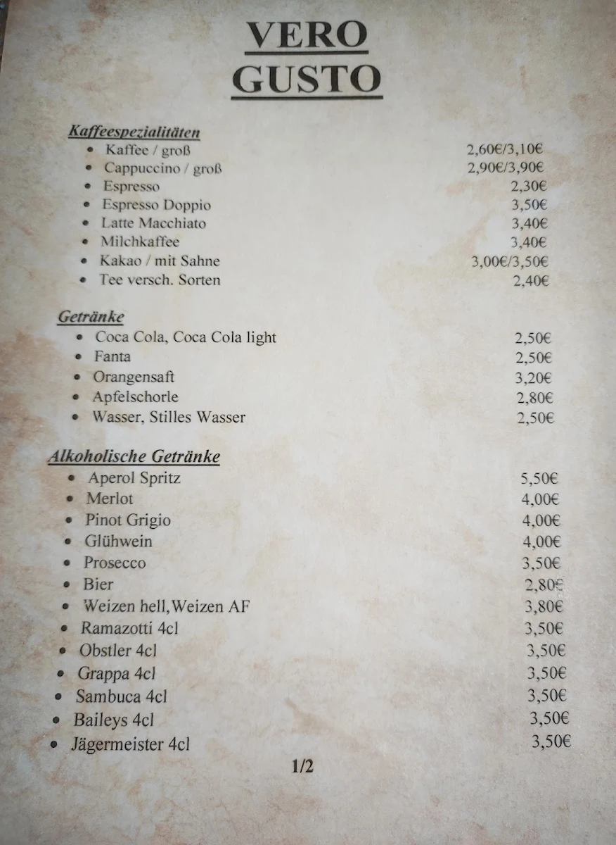 Speisekarte, Vero Gusto (Eis.Kaffee.Bistro)