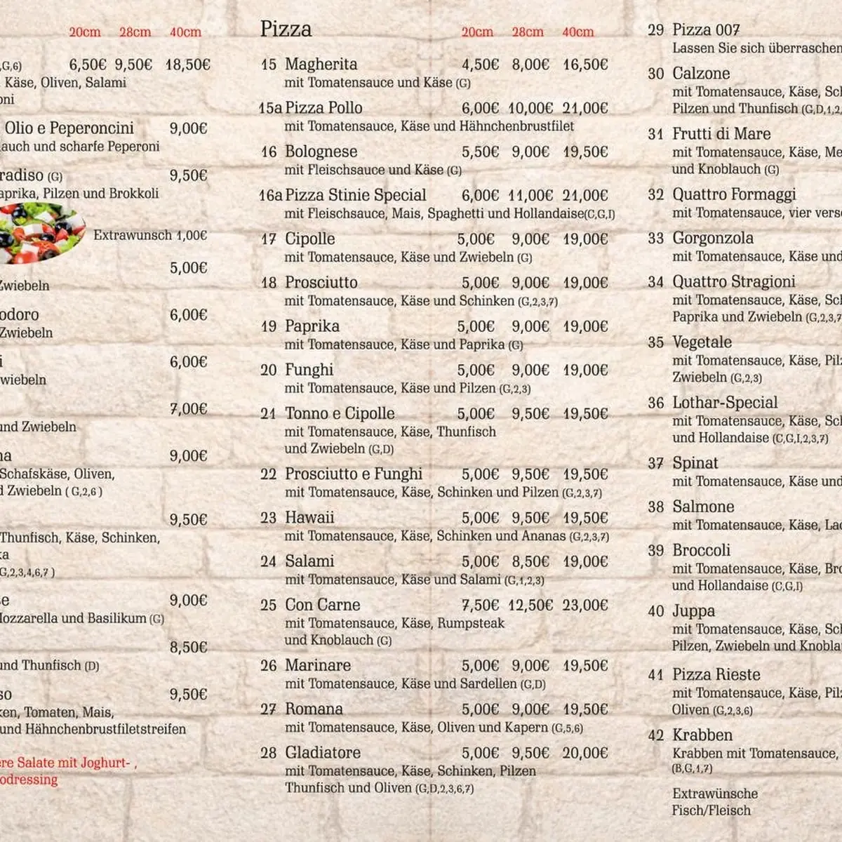 Speisekarte, Pizzeria Paradiso