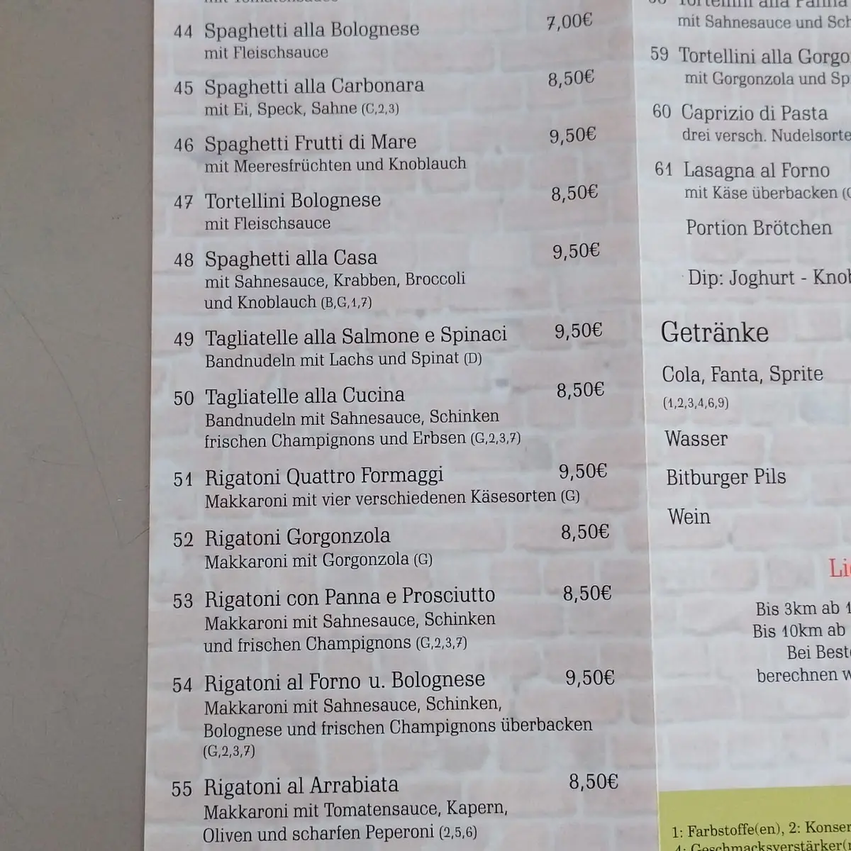 Speisekarte, Pizzeria Paradiso