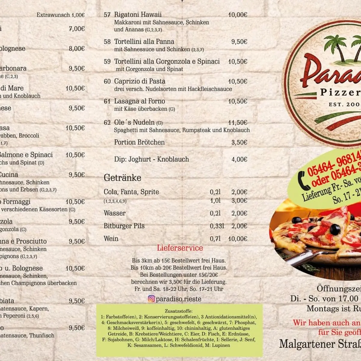 Speisekarte, Pizzeria Paradiso