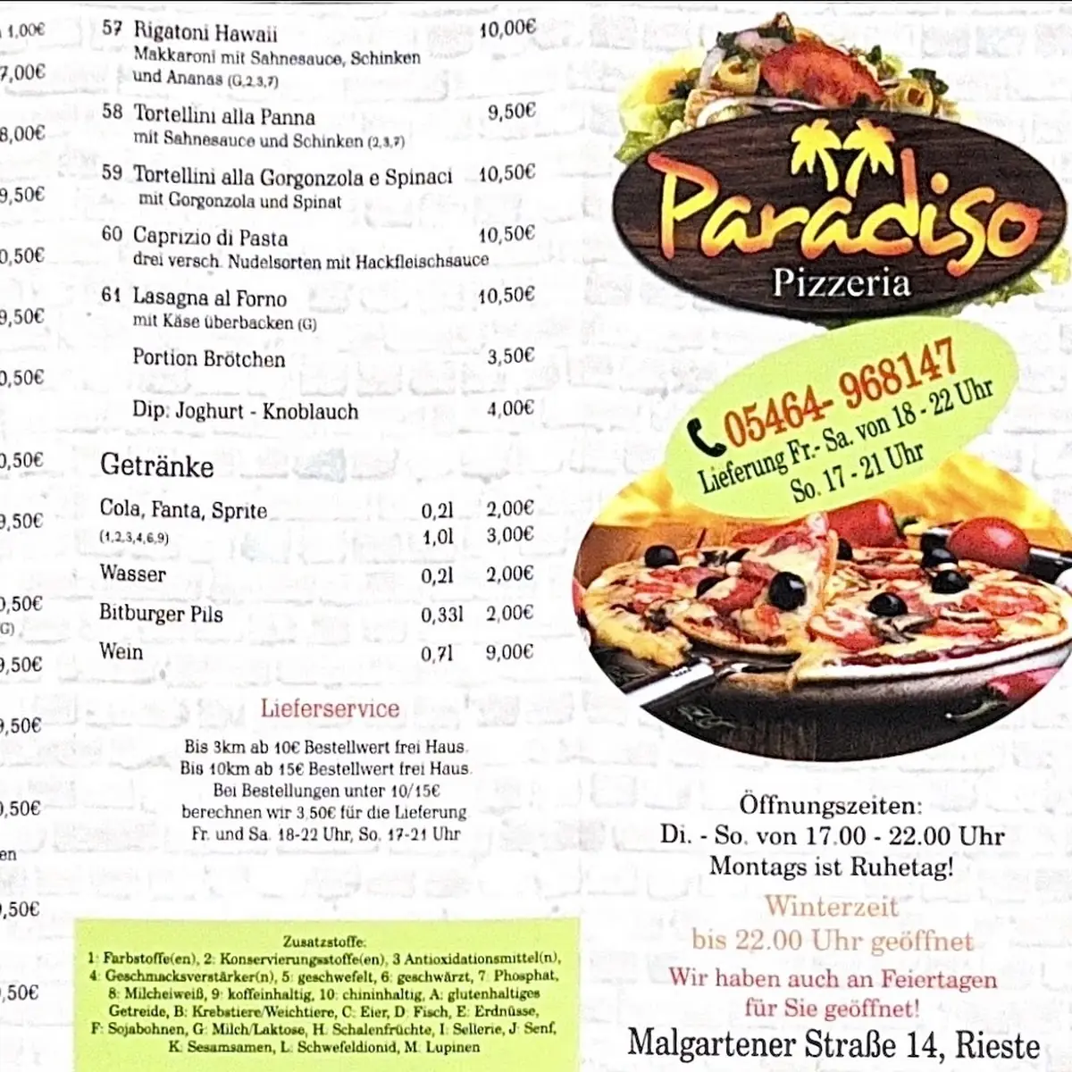Speisekarte, Pizzeria Paradiso