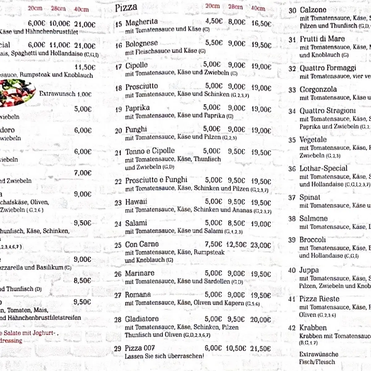 Speisekarte, Pizzeria Paradiso